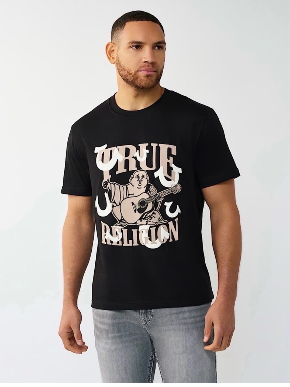 True Religion Black Tee with Beige Graphic Logo - Men